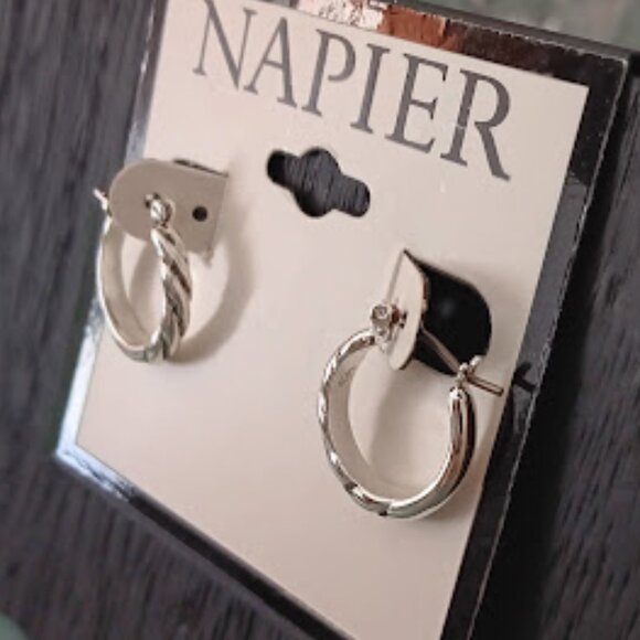 NAPIER Contemporary Silver Twist Detail Smooth Back Hoop Earrings**NEW! - Picture 2 of 4